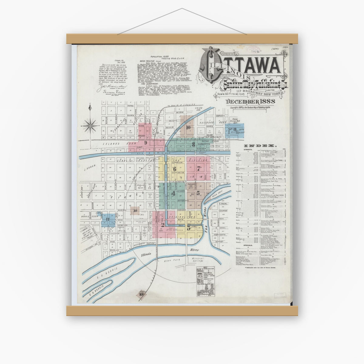 Old map wall art mockup — magnetic wood frame on white wall — Sanborn Fire Insurance Map from Ottawa, La Salle County, Illinois (1888), Sheet #0001