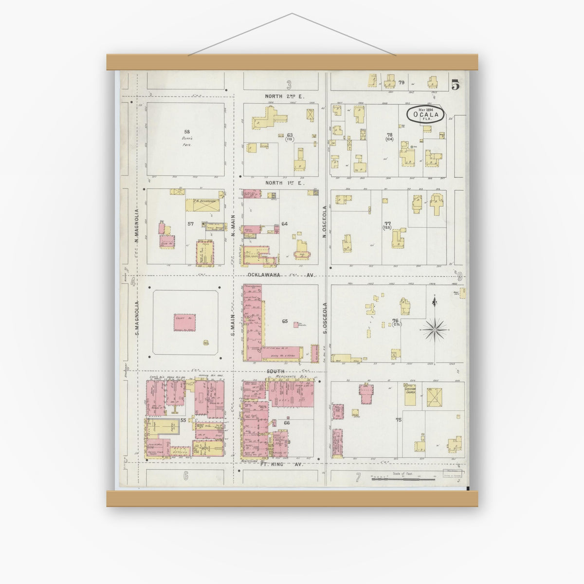 Old map wall art mockup — magnetic wood frame on white wall — Sanborn Fire Insurance Map from Ocala, Marion County, Florida (1895), Sheet #0005