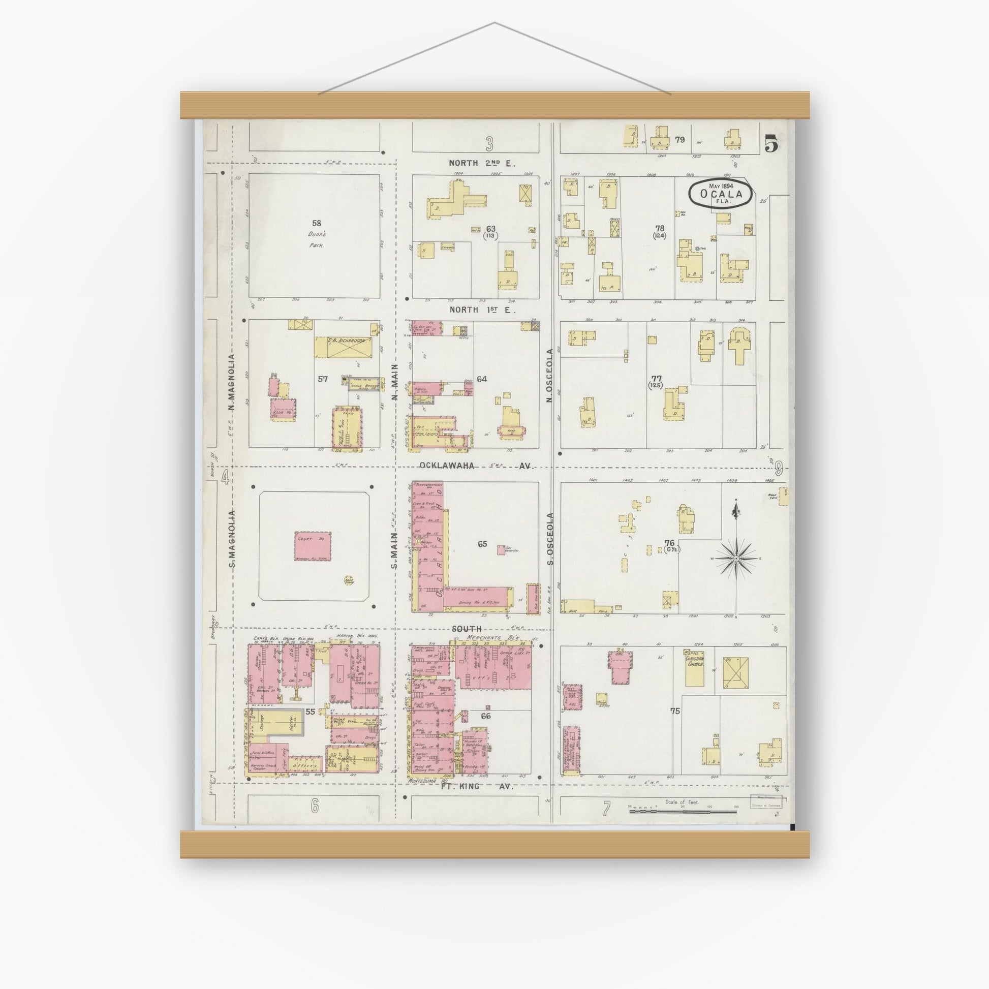 Old map wall art mockup — magnetic wood frame on white wall — Sanborn Fire Insurance Map from Ocala, Marion County, Florida (1895), Sheet #0005