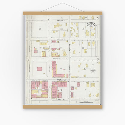 Old map wall art mockup — magnetic wood frame on white wall — Sanborn Fire Insurance Map from Ocala, Marion County, Florida (1895), Sheet #0005