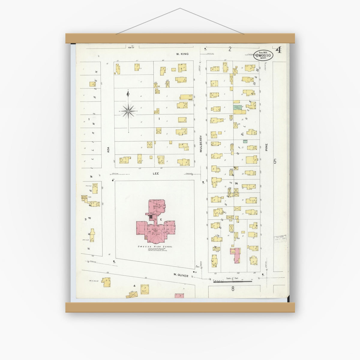 Old map wall art mockup — magnetic wood frame on white wall — Sanborn Fire Insurance Map from Owosso, Shiawassee County, Michigan (1908), Sheet #0004