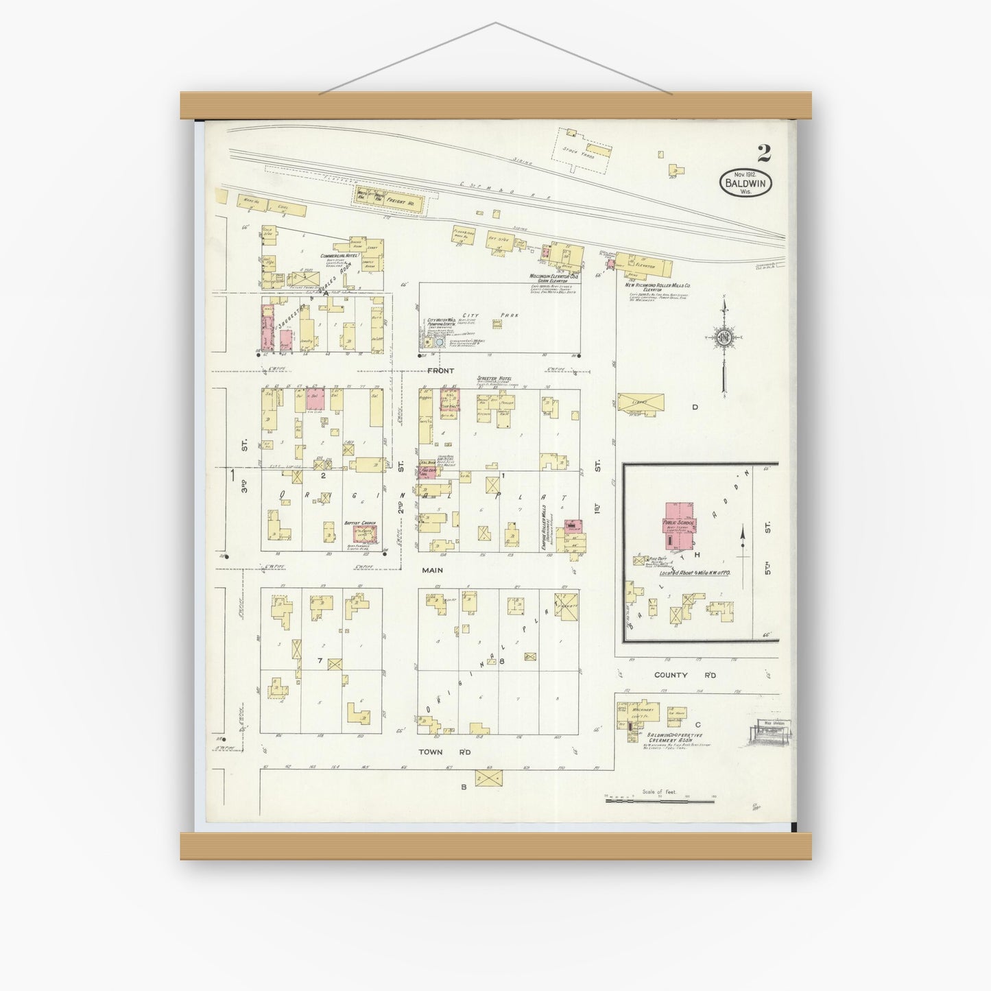 Old map wall art mockup — magnetic wood frame on white wall — Sanborn Fire Insurance Map from Baldwin, St. Croix County, Wisconsin (1912), Sheet #0002