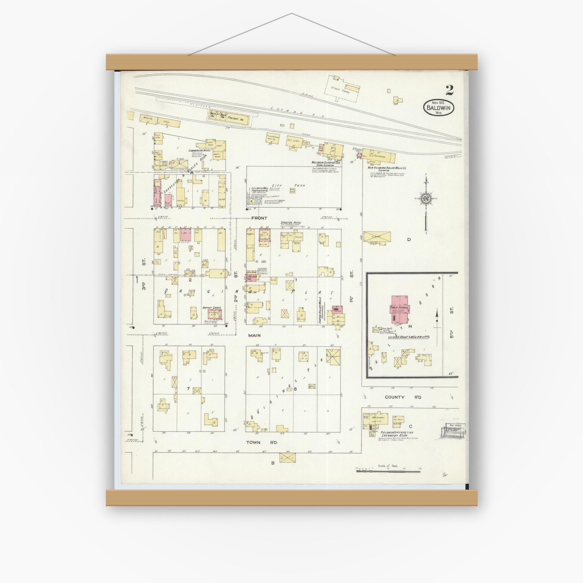 Old map wall art mockup — magnetic wood frame on white wall — Sanborn Fire Insurance Map from Baldwin, St. Croix County, Wisconsin (1912), Sheet #0002