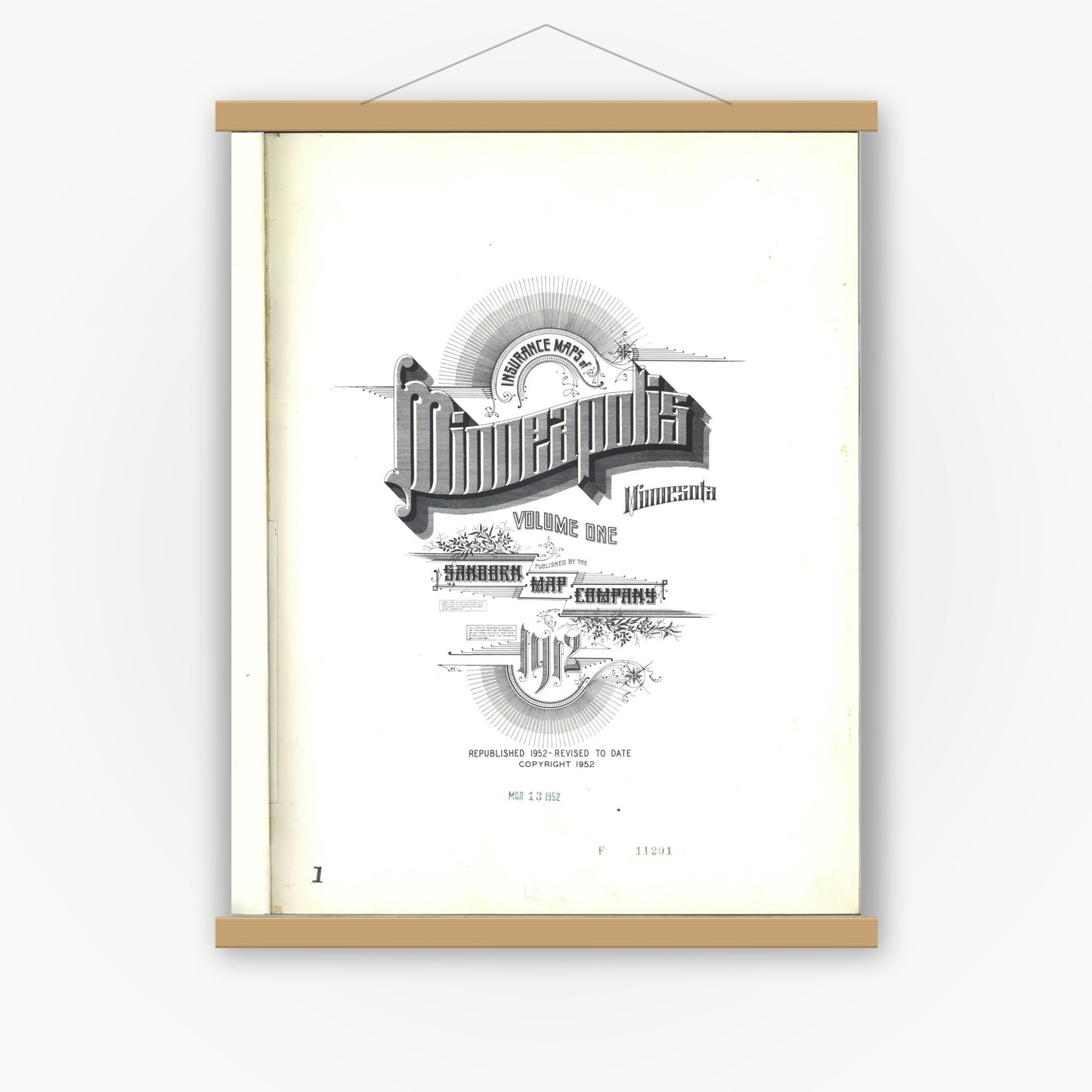 Old map wall art mockup — magnetic wood frame on white wall — Sanborn Fire Insurance Map from Minneapolis, Hennepin County, Minnesota (1952), Sheet #0001