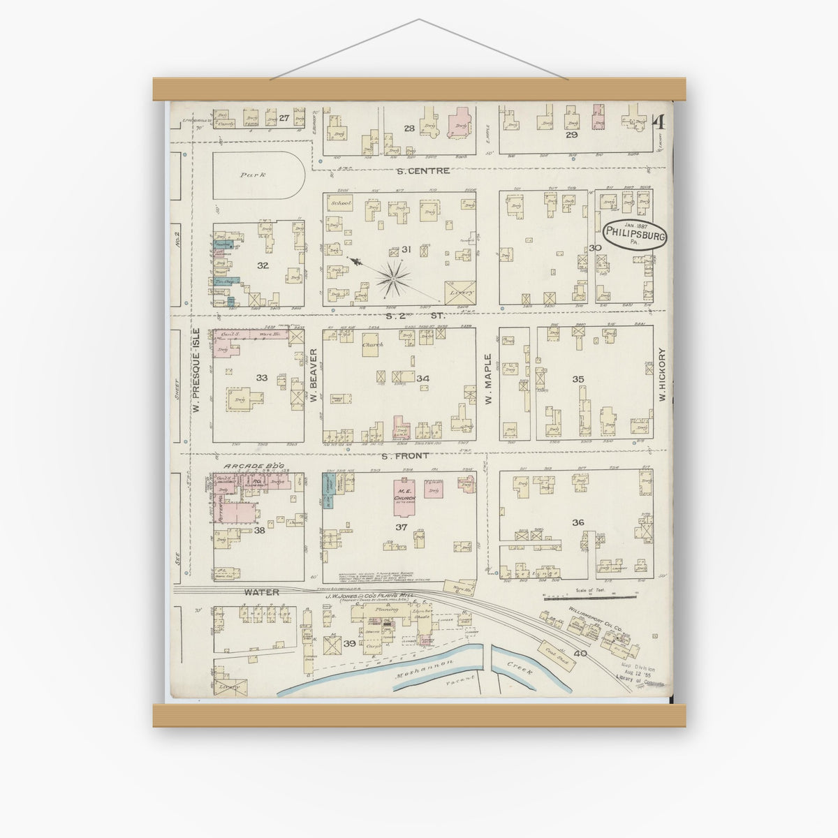 Old map wall art mockup — magnetic wood frame on white wall — Sanborn Fire Insurance Map from Philipsburg, Centre County, Pennsylvania (1887), Sheet #0004