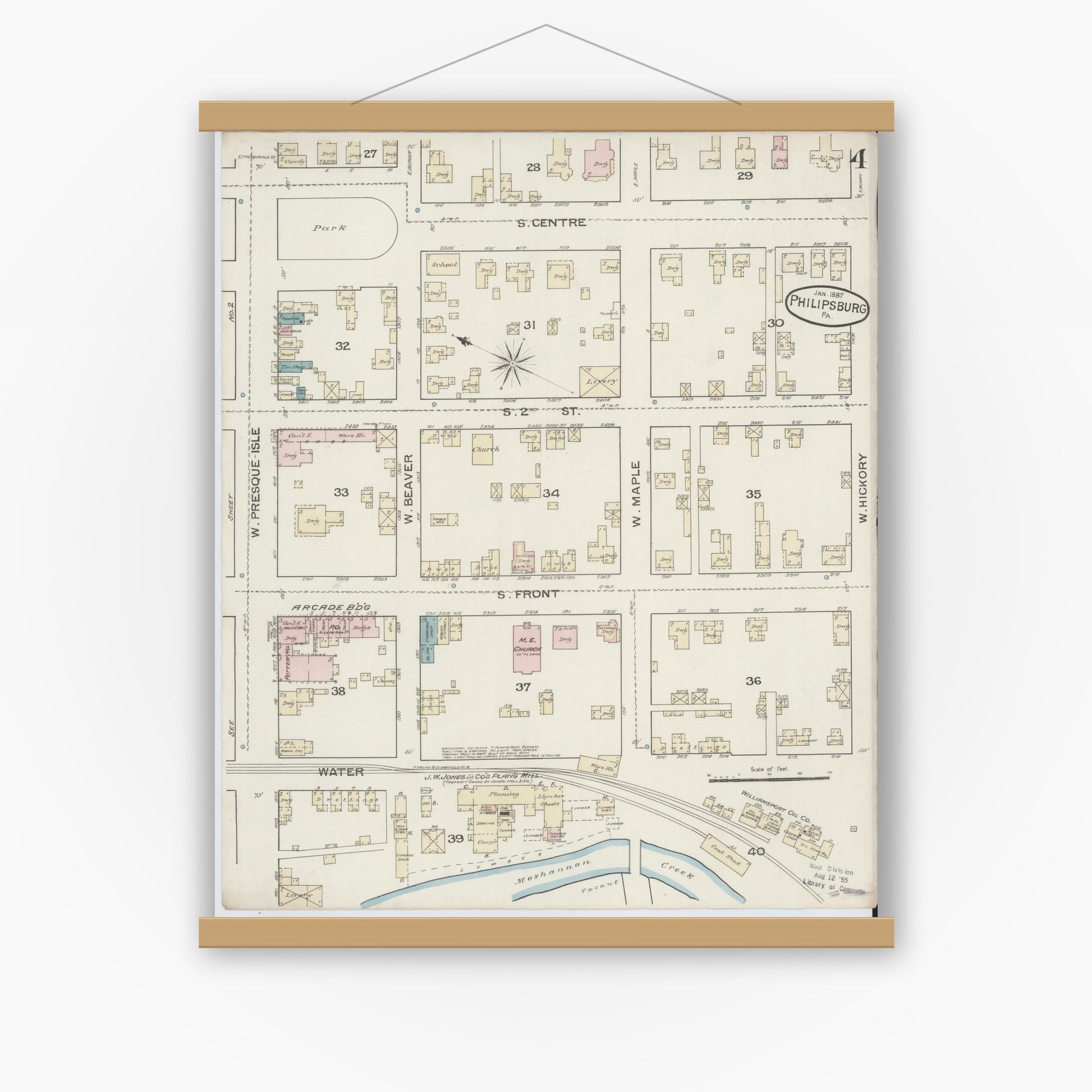Old map wall art mockup — magnetic wood frame on white wall — Sanborn Fire Insurance Map from Philipsburg, Centre County, Pennsylvania (1887), Sheet #0004