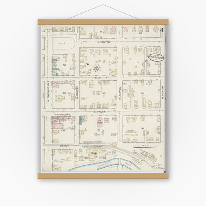 Old map wall art mockup — magnetic wood frame on white wall — Sanborn Fire Insurance Map from Philipsburg, Centre County, Pennsylvania (1887), Sheet #0004