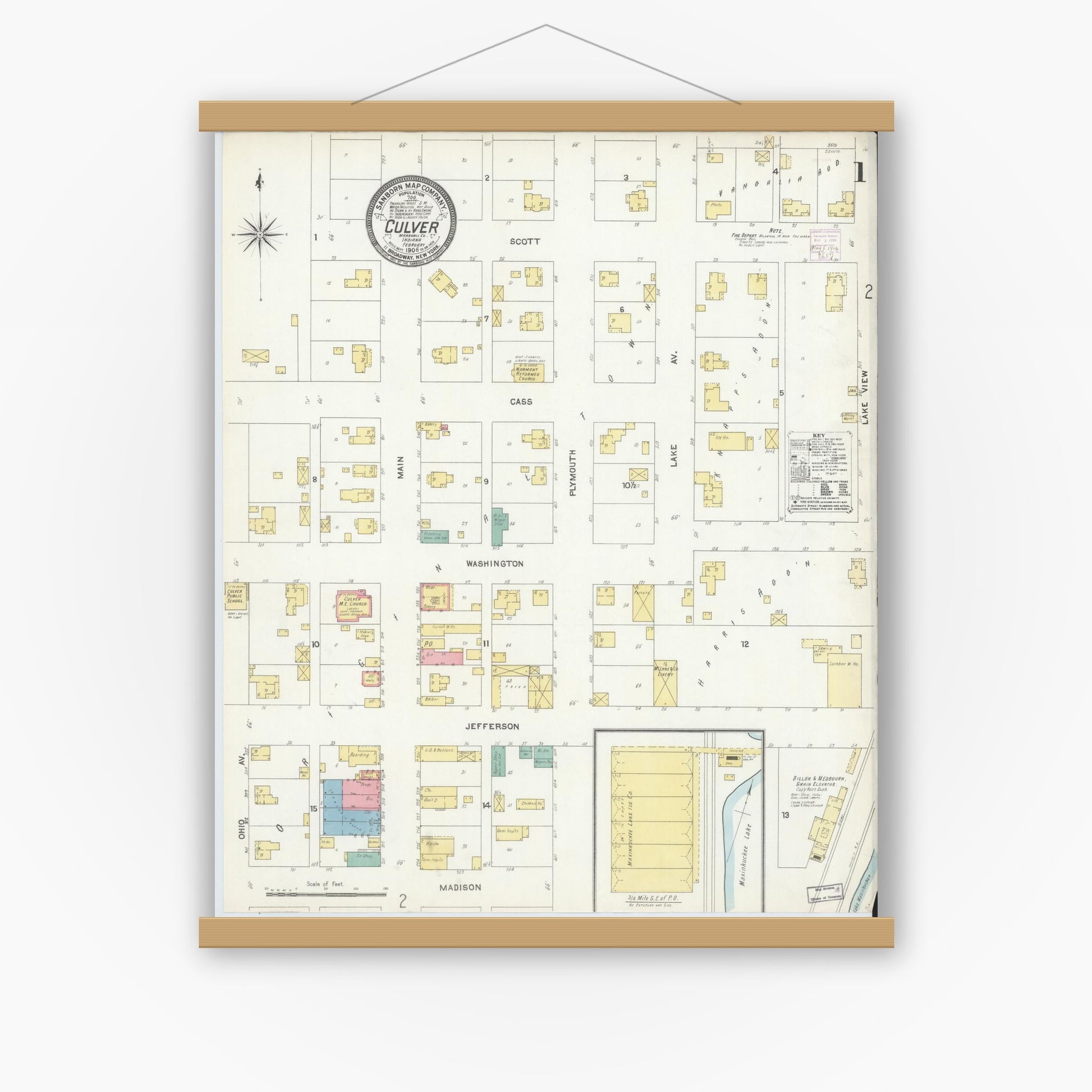Old map wall art mockup — magnetic wood frame on white wall — Sanborn Fire Insurance Map from Culver, Marshall County, Indiana (1906) - Complete Map Set