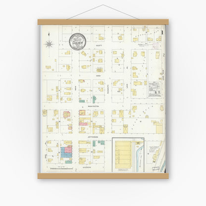 Old map wall art mockup — magnetic wood frame on white wall — Sanborn Fire Insurance Map from Culver, Marshall County, Indiana (1906) - Complete Map Set