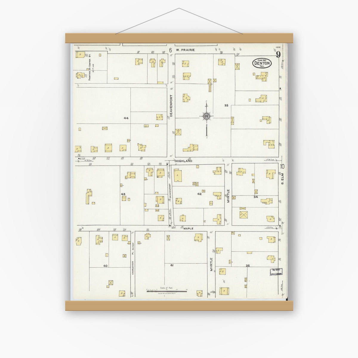 Old map wall art mockup — magnetic wood frame on white wall — Sanborn Fire Insurance Map from Denton, Denton County, Texas (1921), Sheet #0009