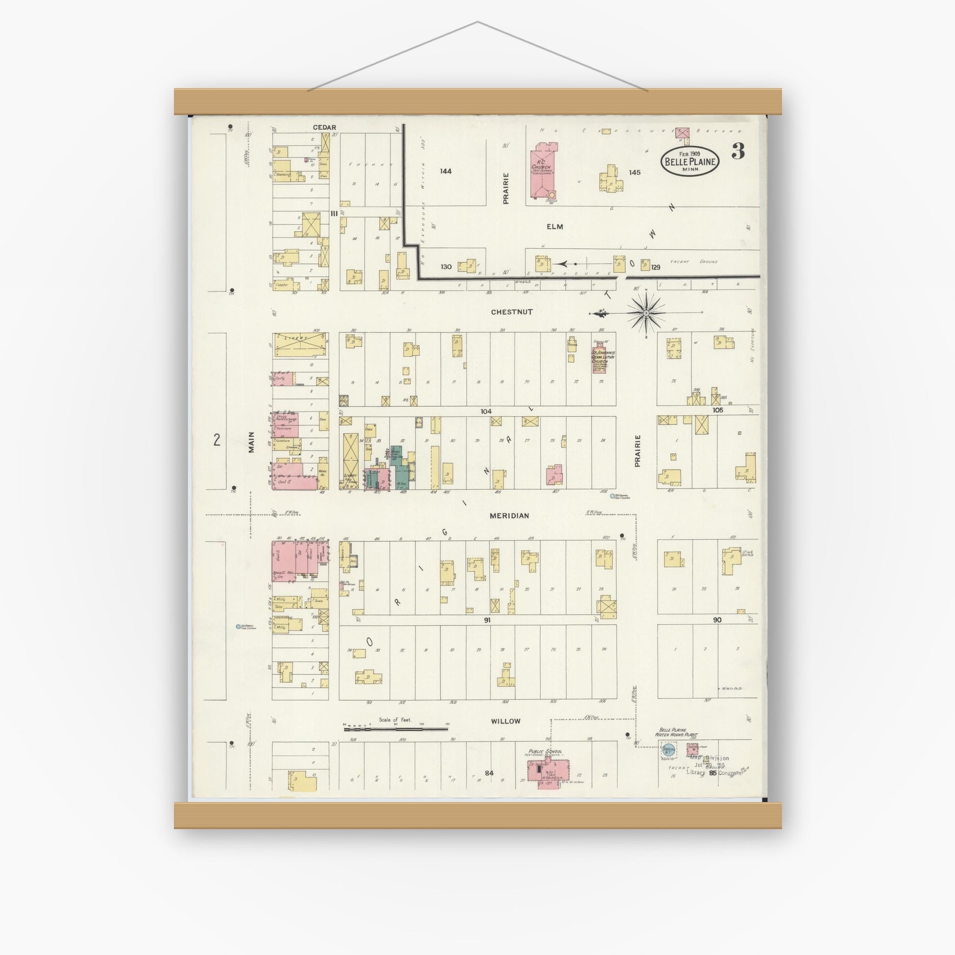 Old map wall art mockup — magnetic wood frame on white wall — Sanborn Fire Insurance Map from Belle Plaine, Scott County, Minnesota (1909), Sheet #0003