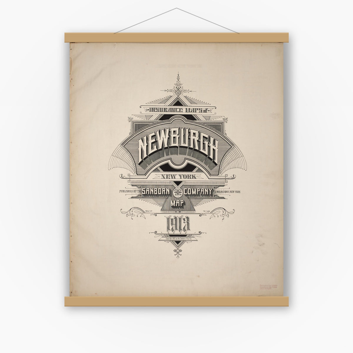 Old map wall art mockup — magnetic wood frame on white wall — Sanborn Fire Insurance Map from Newburgh, Orange County, New York (1913), Sheet #0001