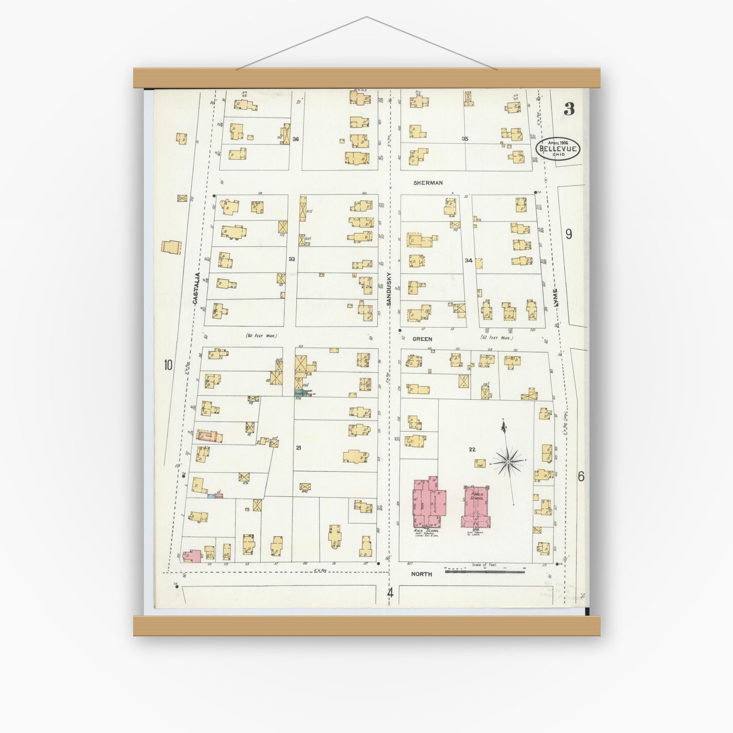 Old map wall art mockup — magnetic wood frame on white wall — Sanborn Fire Insurance Map from Bellevue, Huron And Sandusky County, Ohio (1906), Sheet #0003