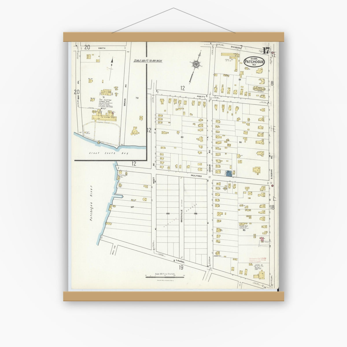 Old map wall art mockup — magnetic wood frame on white wall — Sanborn Fire Insurance Map from Patchogue, Suffolk County, New York (1916), Sheet #0017
