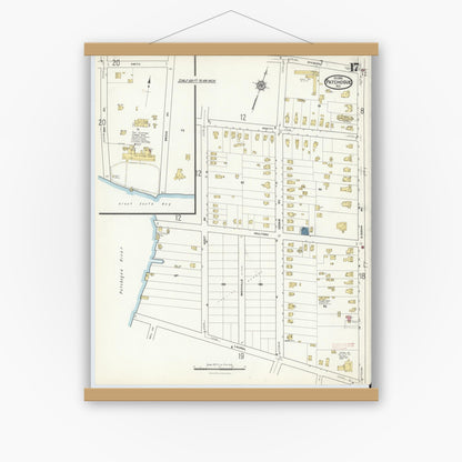 Old map wall art mockup — magnetic wood frame on white wall — Sanborn Fire Insurance Map from Patchogue, Suffolk County, New York (1916), Sheet #0017