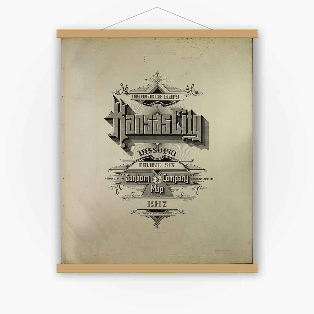 Old map wall art mockup — magnetic wood frame on white wall — Sanborn Fire Insurance Map from Kansas City, Jackson, Clay, And Platte Counties, Missouri (1917), Sheet #0001