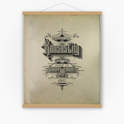 Old map wall art mockup — magnetic wood frame on white wall — Sanborn Fire Insurance Map from Kansas City, Jackson, Clay, And Platte Counties, Missouri (1917), Sheet #0001