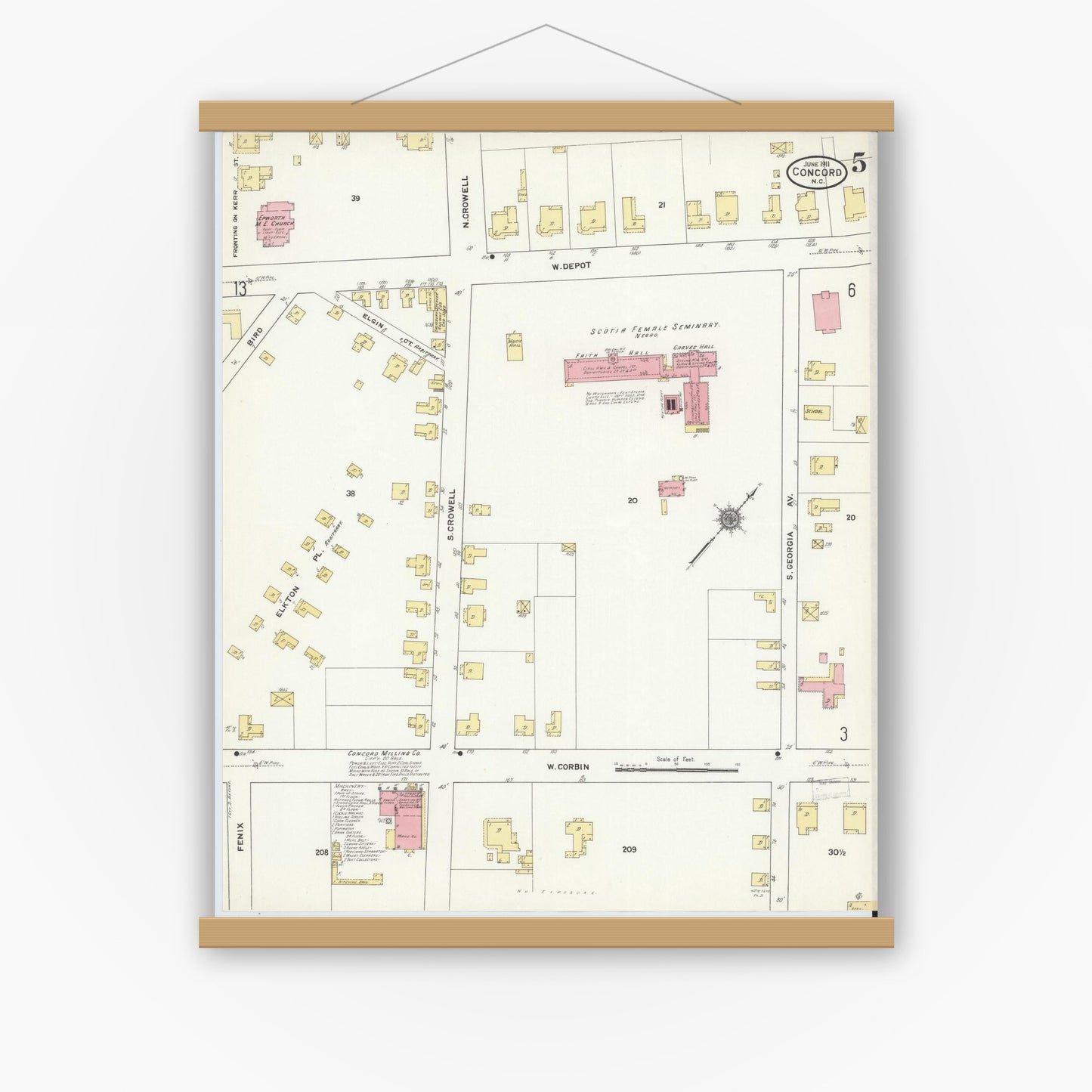 Old map wall art mockup — magnetic wood frame on white wall — Sanborn Fire Insurance Map from Concord, Cabarrus County, North Carolina (1911), Sheet #0005