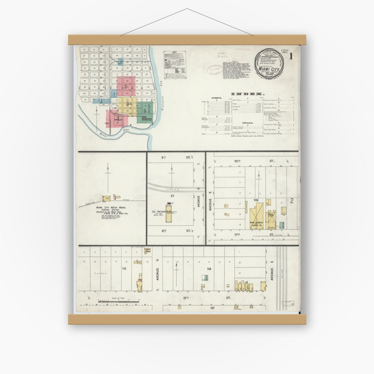 Old map wall art mockup — magnetic wood frame on white wall — Sanborn Fire Insurance Map from Miami, Dade County, Florida (1899) - Complete Map Set