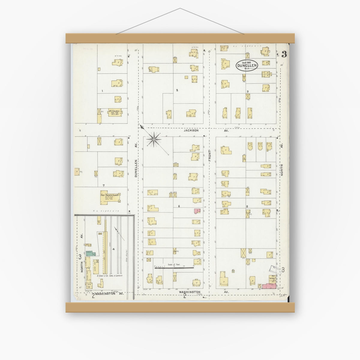 Old map wall art mockup — magnetic wood frame on white wall — Sanborn Fire Insurance Map from Dunellen, Middlesex County, New Jersey (1905), Sheet #0003
