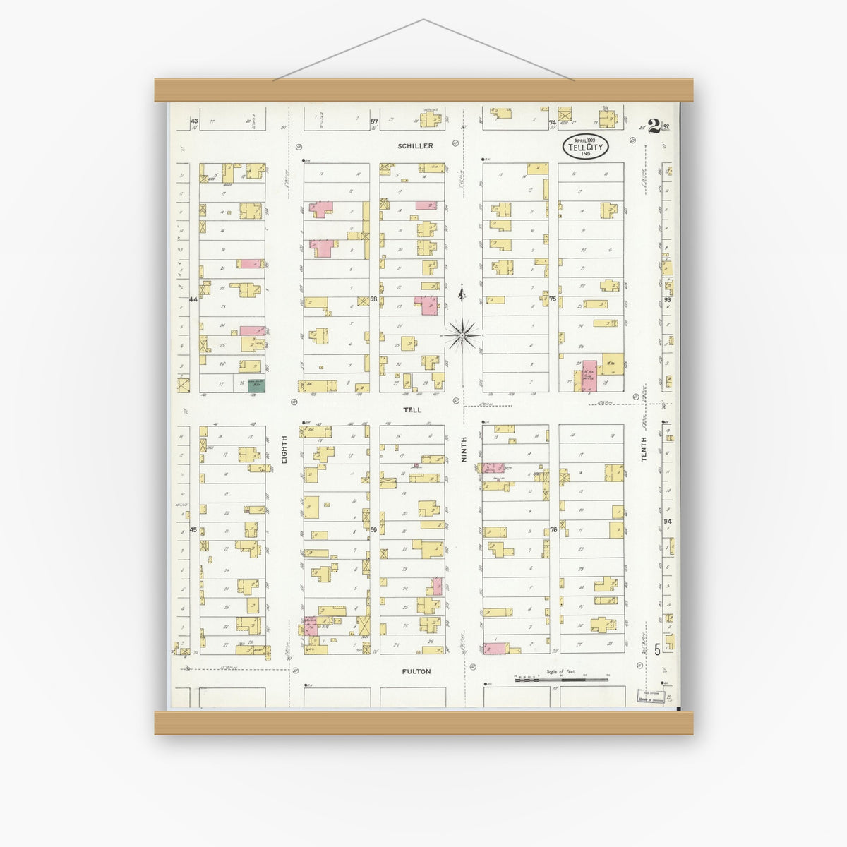 Old map wall art mockup — magnetic wood frame on white wall — Sanborn Fire Insurance Map from Tell City, Perry County, Indiana (1909), Sheet #0002