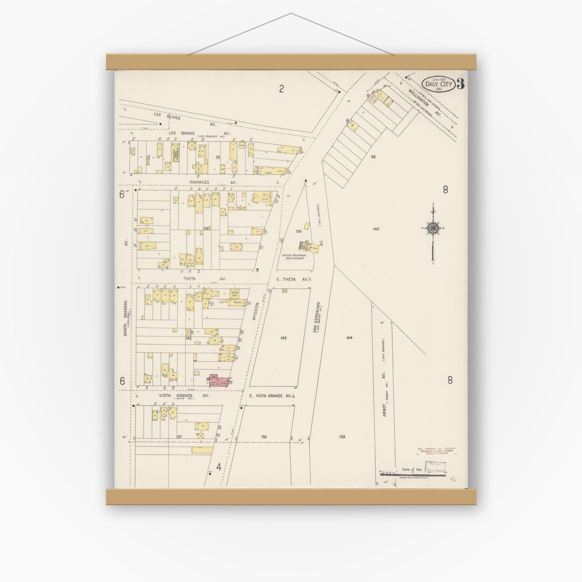 Old map wall art mockup — magnetic wood frame on white wall — Sanborn Fire Insurance Map from Daly City, San Mateo County, California (1918), Sheet #0003