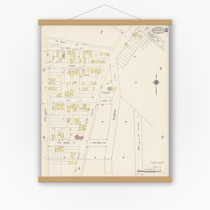 Old map wall art mockup — magnetic wood frame on white wall — Sanborn Fire Insurance Map from Daly City, San Mateo County, California (1918), Sheet #0003