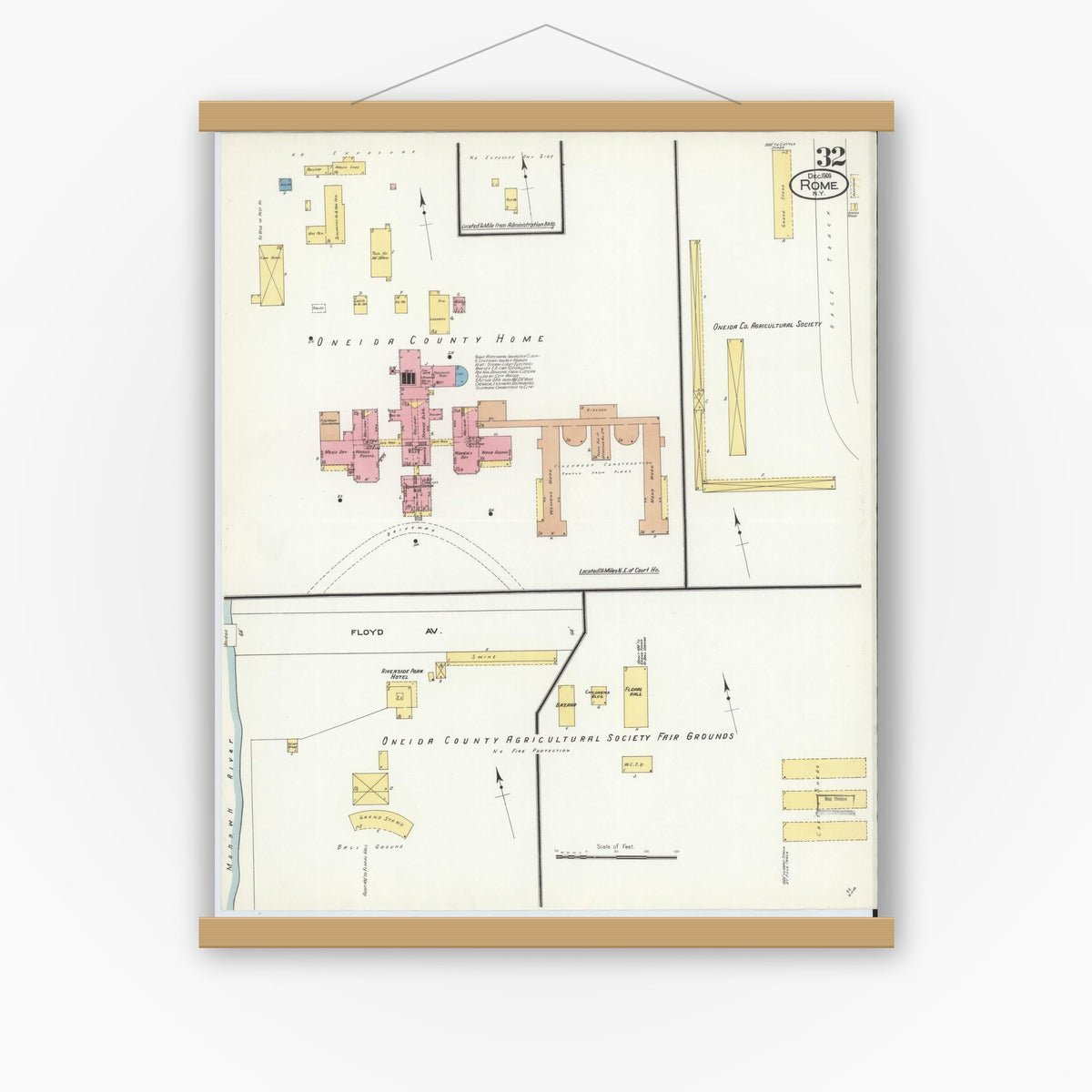 Old map wall art mockup — magnetic wood frame on white wall — Sanborn Fire Insurance Map from Rome, Oneida County, New York (1909), Sheet #0032