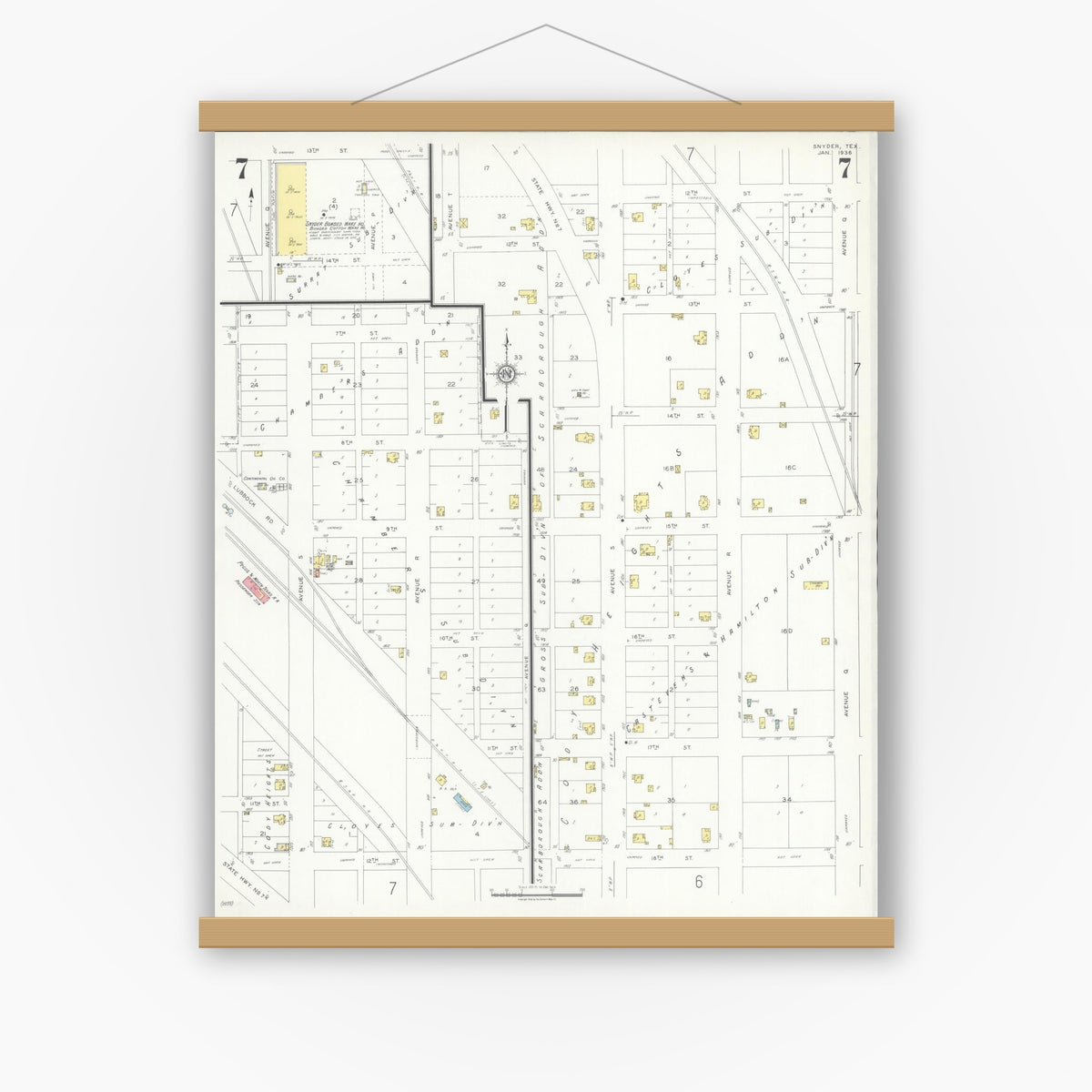 Old map wall art mockup — magnetic wood frame on white wall — Sanborn Fire Insurance Map from Snyder, Scurry County, Texas (1936), Sheet #0007
