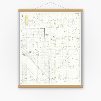 Old map wall art mockup — magnetic wood frame on white wall — Sanborn Fire Insurance Map from Snyder, Scurry County, Texas (1936), Sheet #0007