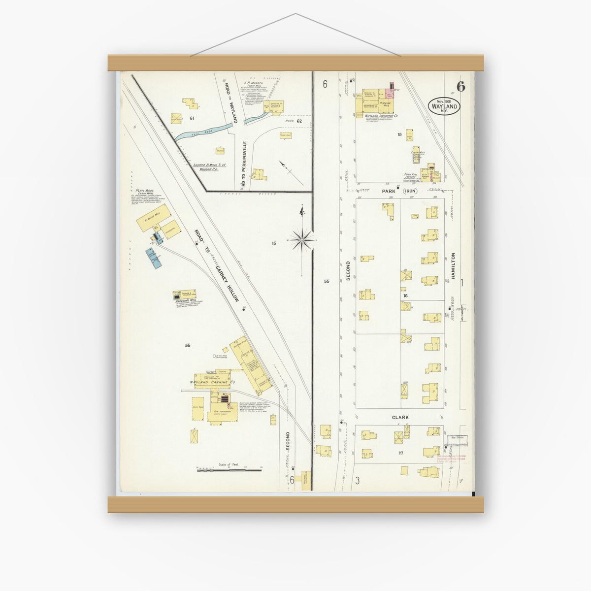 Old map wall art mockup — magnetic wood frame on white wall — Sanborn Fire Insurance Map from Wayland, Steuben County, New York (1908), Sheet #0006