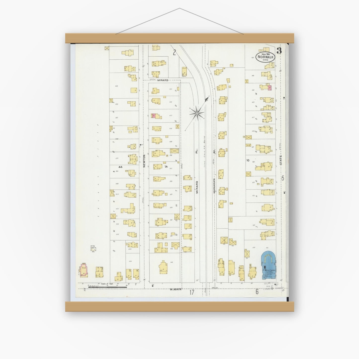 Old map wall art mockup — magnetic wood frame on white wall — Sanborn Fire Insurance Map from Norwalk, Huron County, Ohio (1906), Sheet #0003