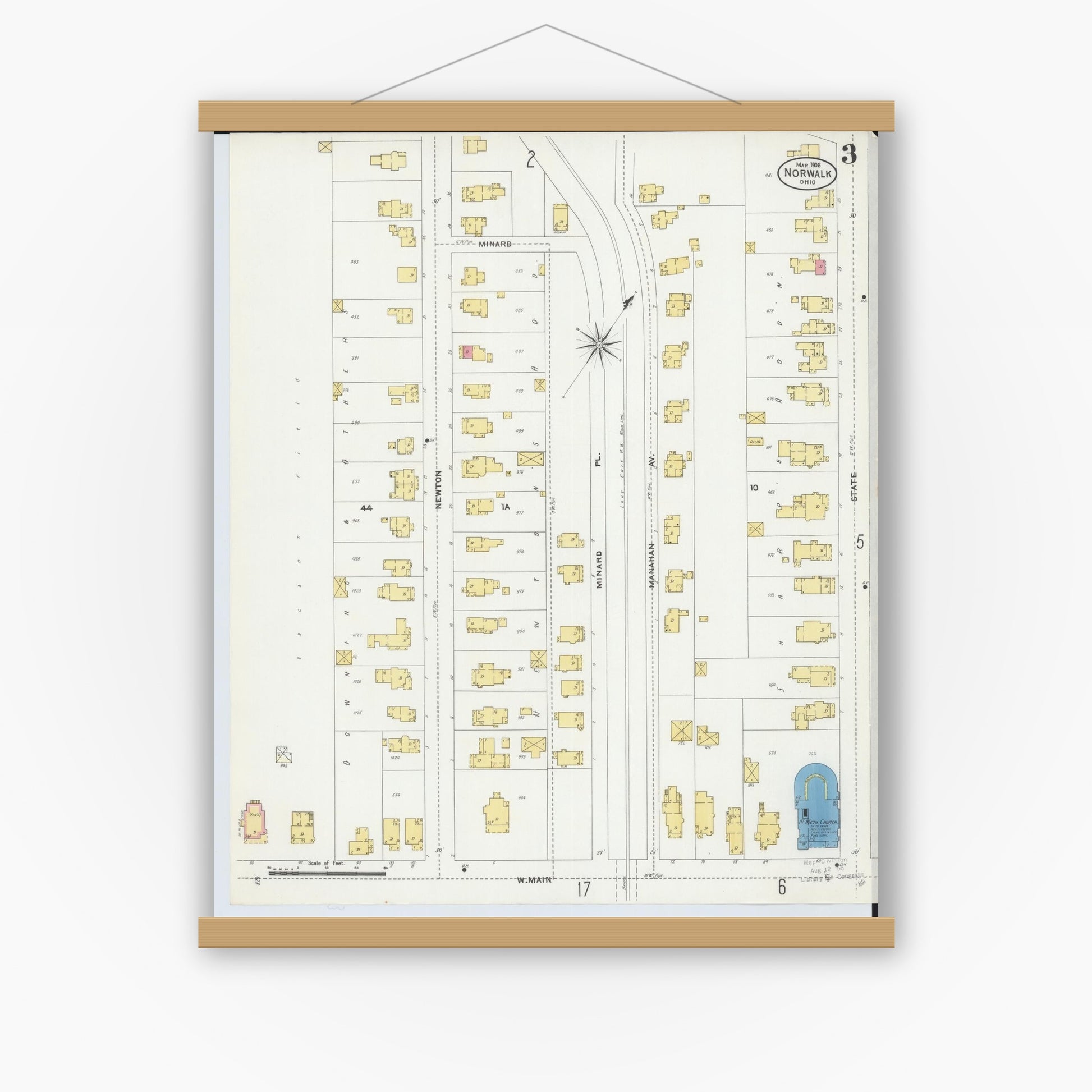 Old map wall art mockup — magnetic wood frame on white wall — Sanborn Fire Insurance Map from Norwalk, Huron County, Ohio (1906), Sheet #0003