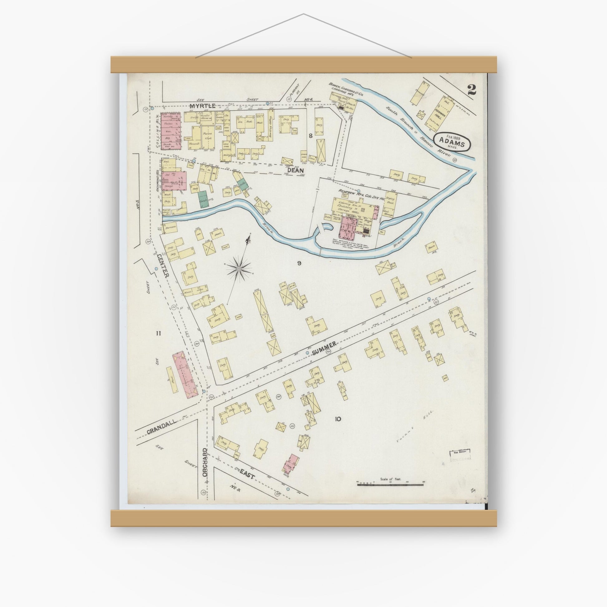 Old map wall art mockup — magnetic wood frame on white wall — Sanborn Fire Insurance Map from Adams, Berkshire County, Massachusetts (1889), Sheet #0002