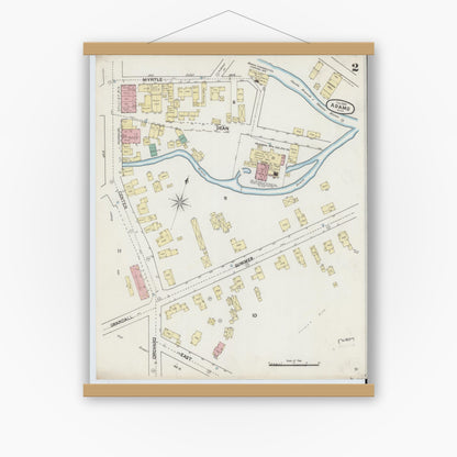 Old map wall art mockup — magnetic wood frame on white wall — Sanborn Fire Insurance Map from Adams, Berkshire County, Massachusetts (1889), Sheet #0002
