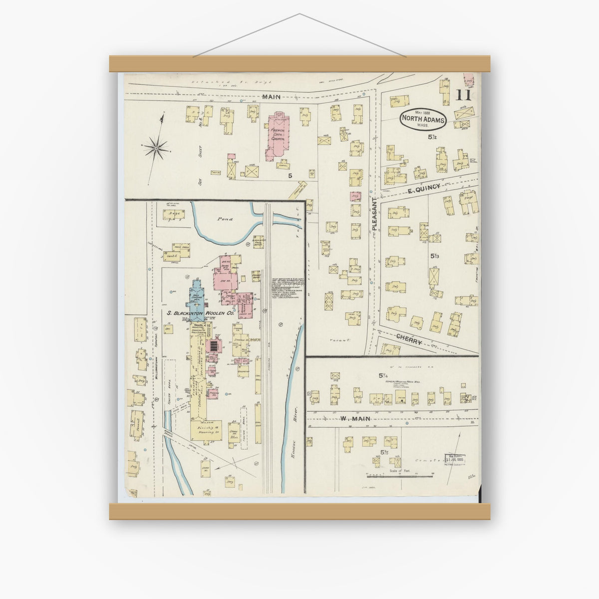 Old map wall art mockup — magnetic wood frame on white wall — Sanborn Fire Insurance Map from North Adams, Berkshire County, Massachusetts (1888), Sheet #0011