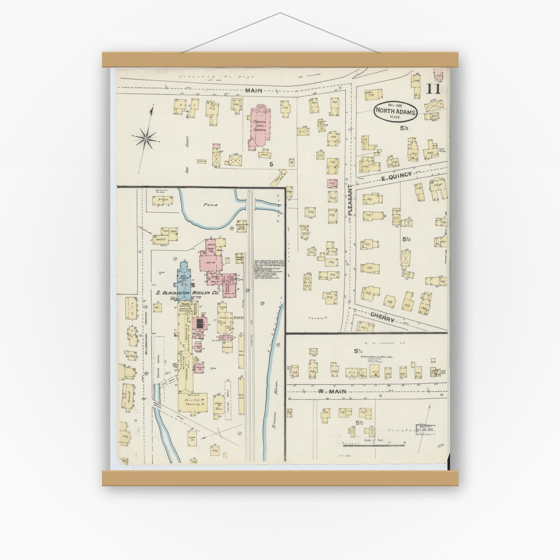 Old map wall art mockup — magnetic wood frame on white wall — Sanborn Fire Insurance Map from North Adams, Berkshire County, Massachusetts (1888), Sheet #0011