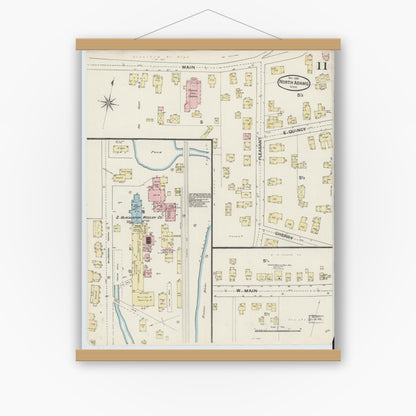 Old map wall art mockup — magnetic wood frame on white wall — Sanborn Fire Insurance Map from North Adams, Berkshire County, Massachusetts (1888), Sheet #0011