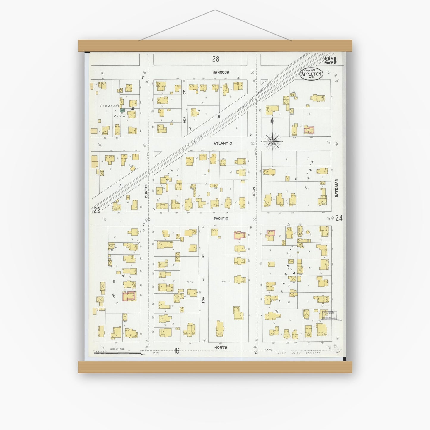 Old map wall art mockup — magnetic wood frame on white wall — Sanborn Fire Insurance Map from Appleton, Outagamie County, Wisconsin (1901), Sheet #0023