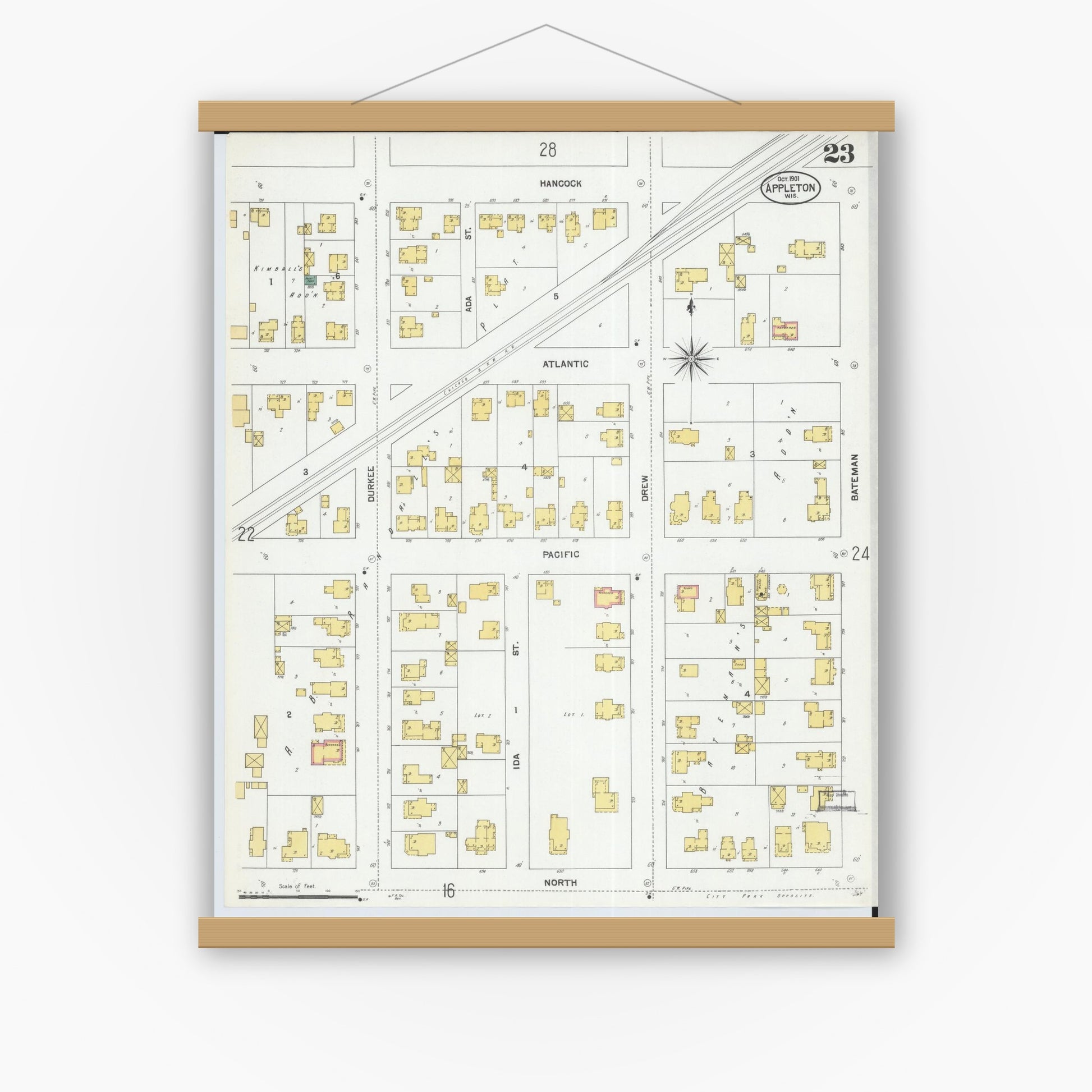 Old map wall art mockup — magnetic wood frame on white wall — Sanborn Fire Insurance Map from Appleton, Outagamie County, Wisconsin (1901), Sheet #0023