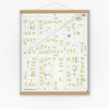 Old map wall art mockup — magnetic wood frame on white wall — Sanborn Fire Insurance Map from Appleton, Outagamie County, Wisconsin (1901), Sheet #0023