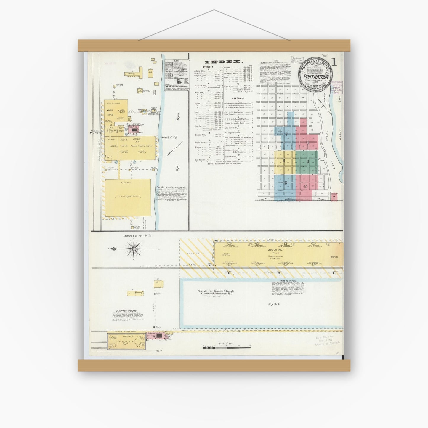 Old map wall art mockup — magnetic wood frame on white wall — Sanborn Fire Insurance Map from Port Arthur, Jefferson County, Texas (1904) - Complete Map Set