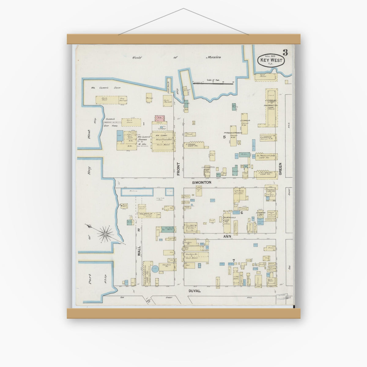 Old map wall art mockup — magnetic wood frame on white wall — Sanborn Fire Insurance Map from Key West, Monroe County, Florida (1889), Sheet #0003