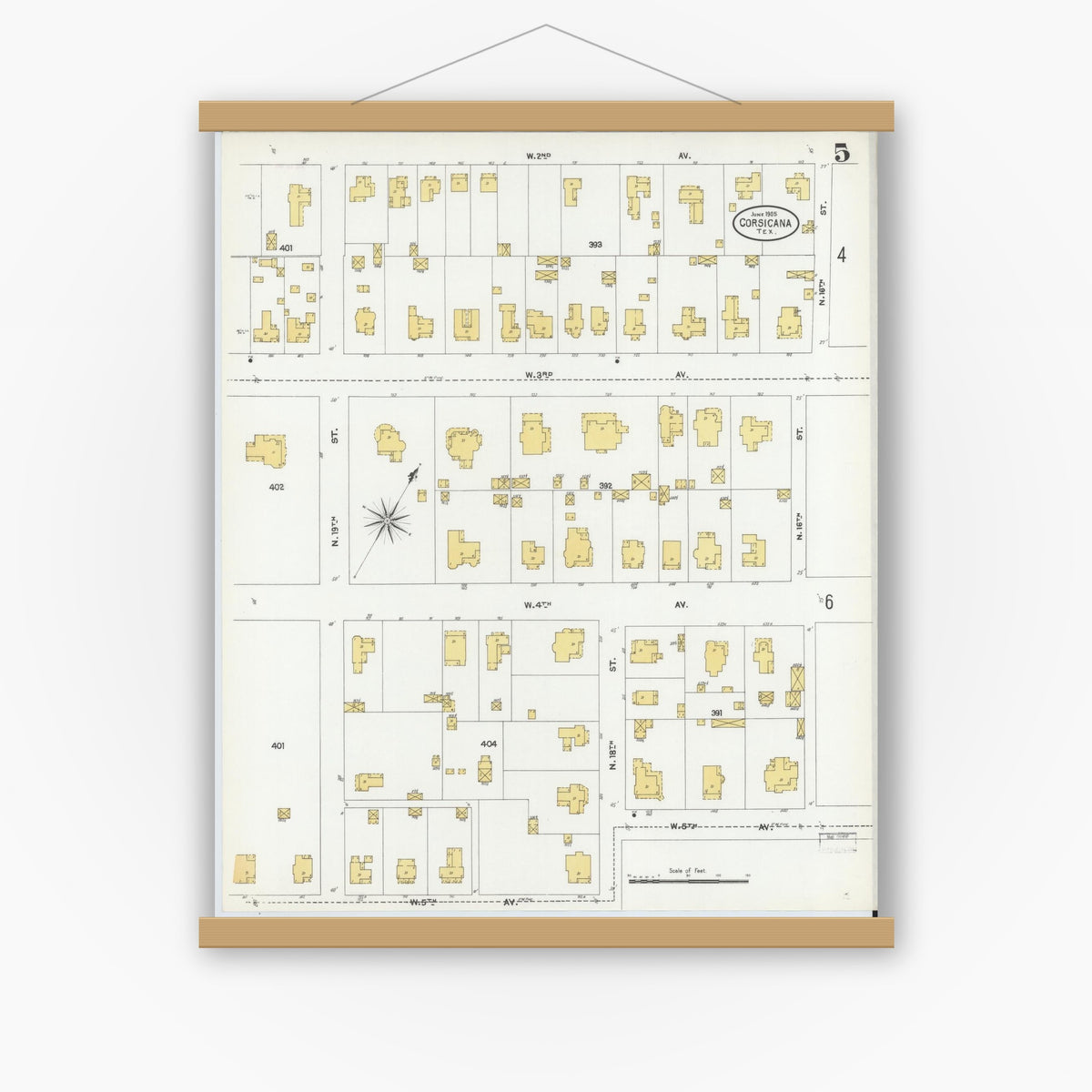 Old map wall art mockup — magnetic wood frame on white wall — Sanborn Fire Insurance Map from Corsicana, Navarro County, Texas (1905), Sheet #0005