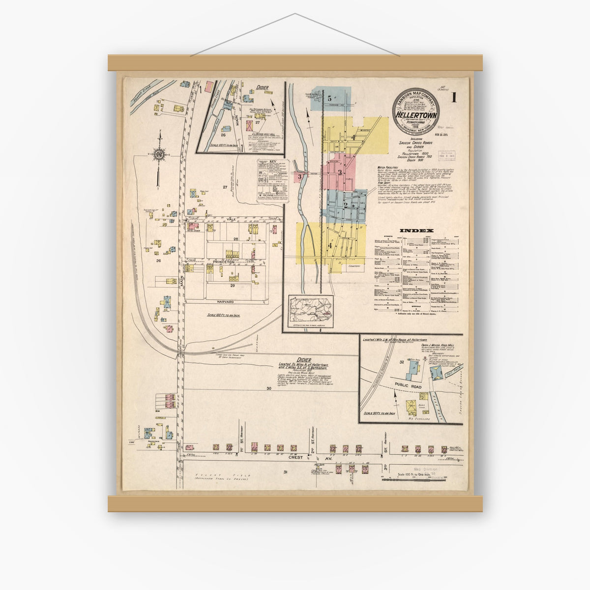 Old map wall art mockup — magnetic wood frame on white wall — Sanborn Fire Insurance Map from Hellertown, Northampton County, Pennsylvania (1915), Sheet #0001