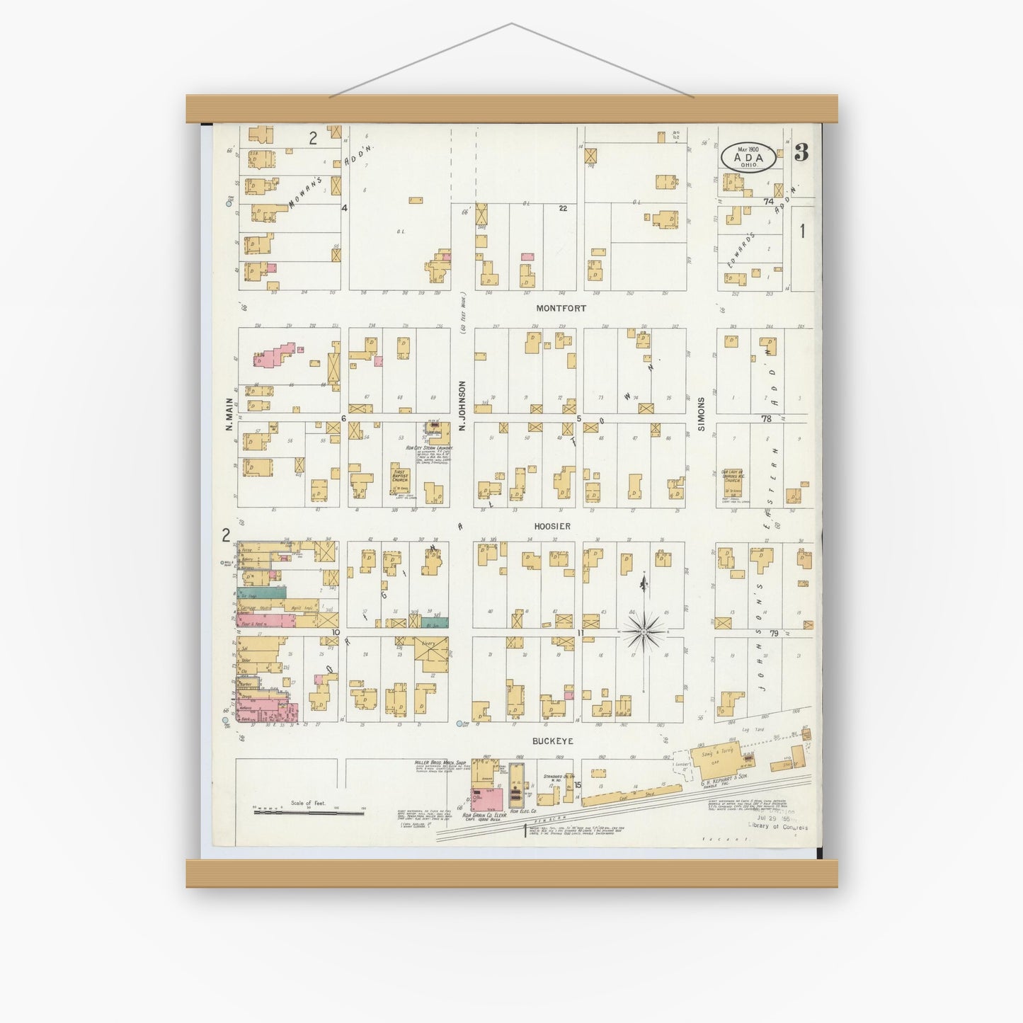 Old map wall art mockup — magnetic wood frame on white wall — Sanborn Fire Insurance Map from Ada, Hardin County, Ohio (1900), Sheet #0003