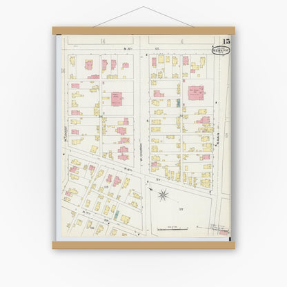 Old map wall art mockup — magnetic wood frame on white wall — Sanborn Fire Insurance Map from Newark, Licking County, Ohio (1893), Sheet #0015