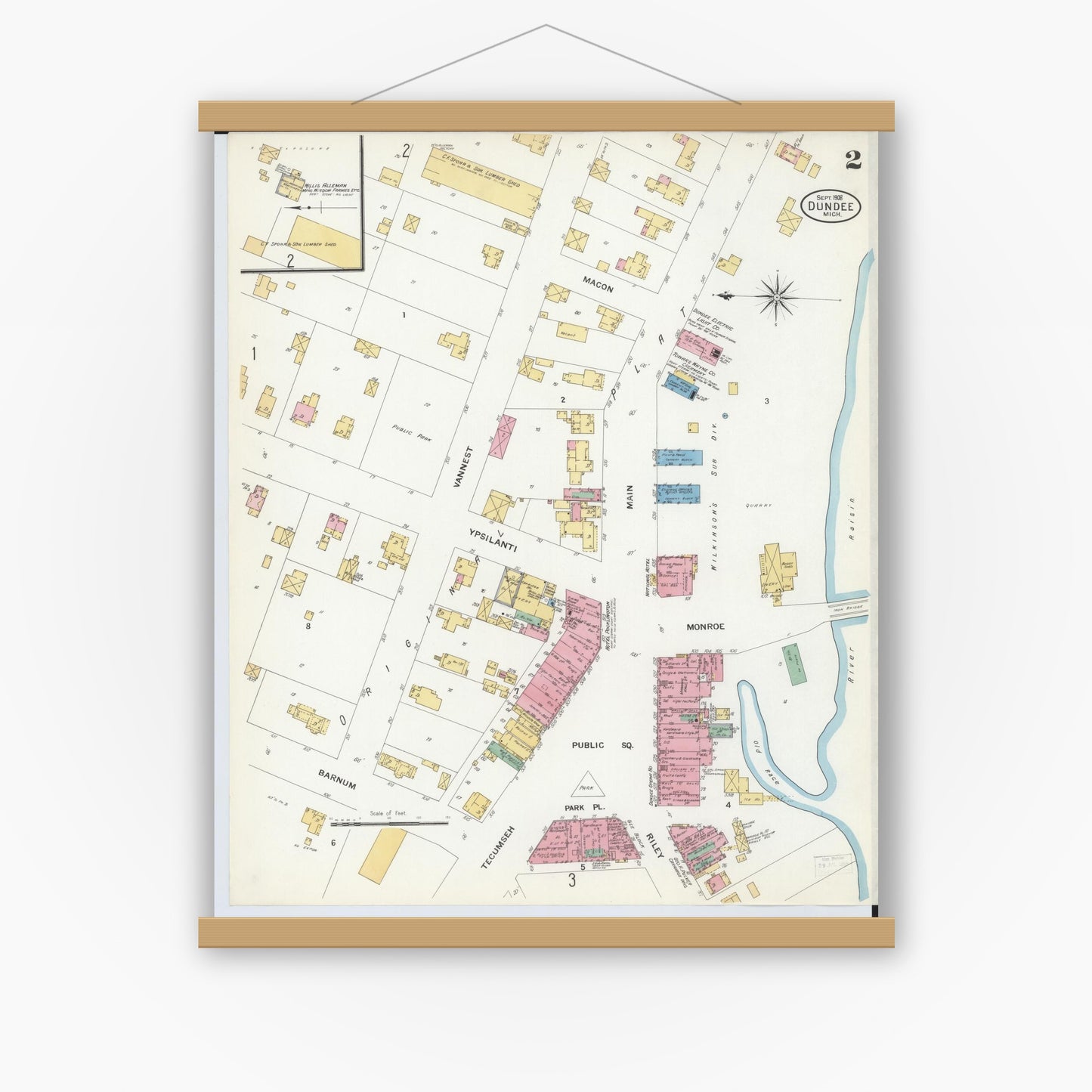 Old map wall art mockup — magnetic wood frame on white wall — Sanborn Fire Insurance Map from Dundee, Monroe County, Michigan (1908), Sheet #0002