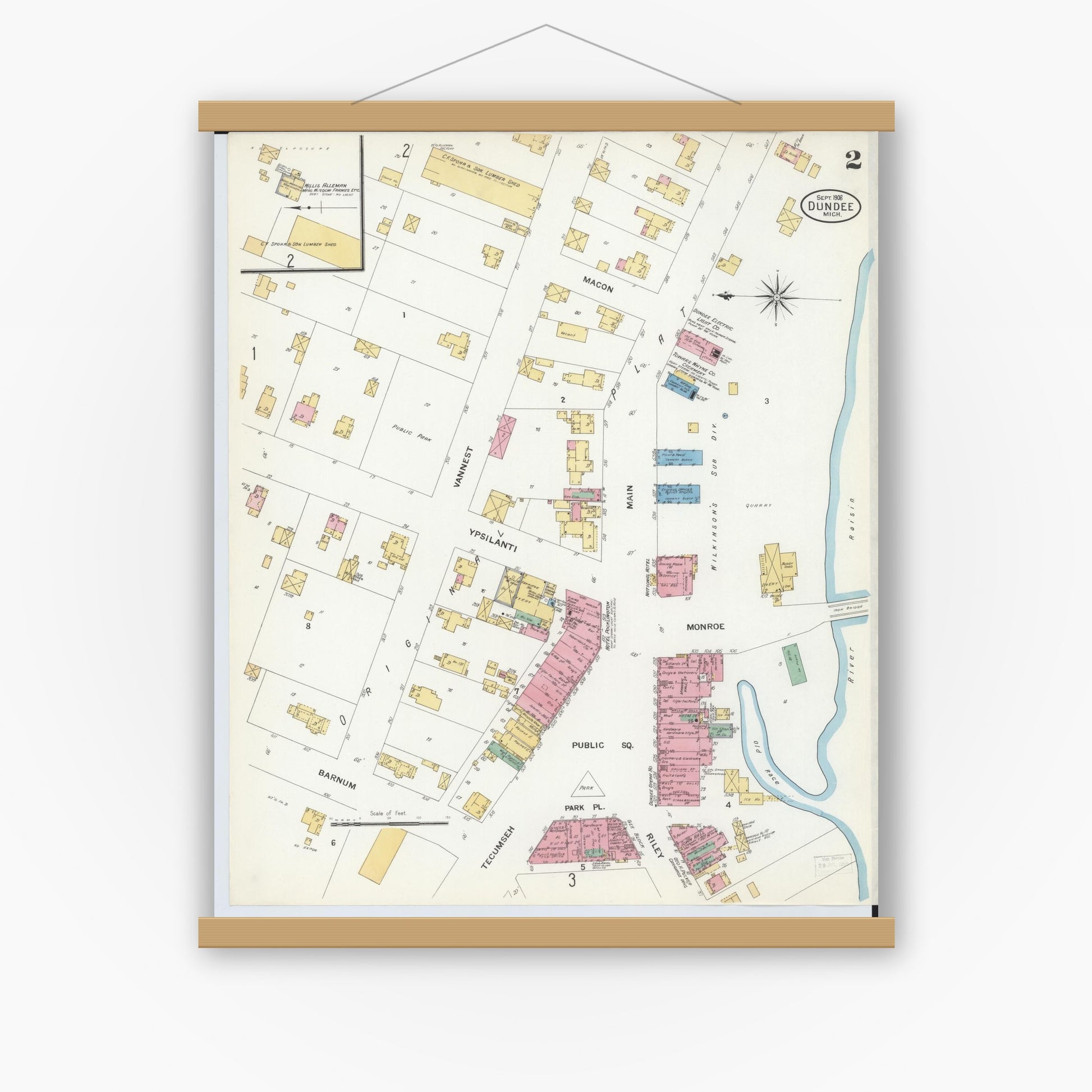 Old map wall art mockup — magnetic wood frame on white wall — Sanborn Fire Insurance Map from Dundee, Monroe County, Michigan (1908), Sheet #0002