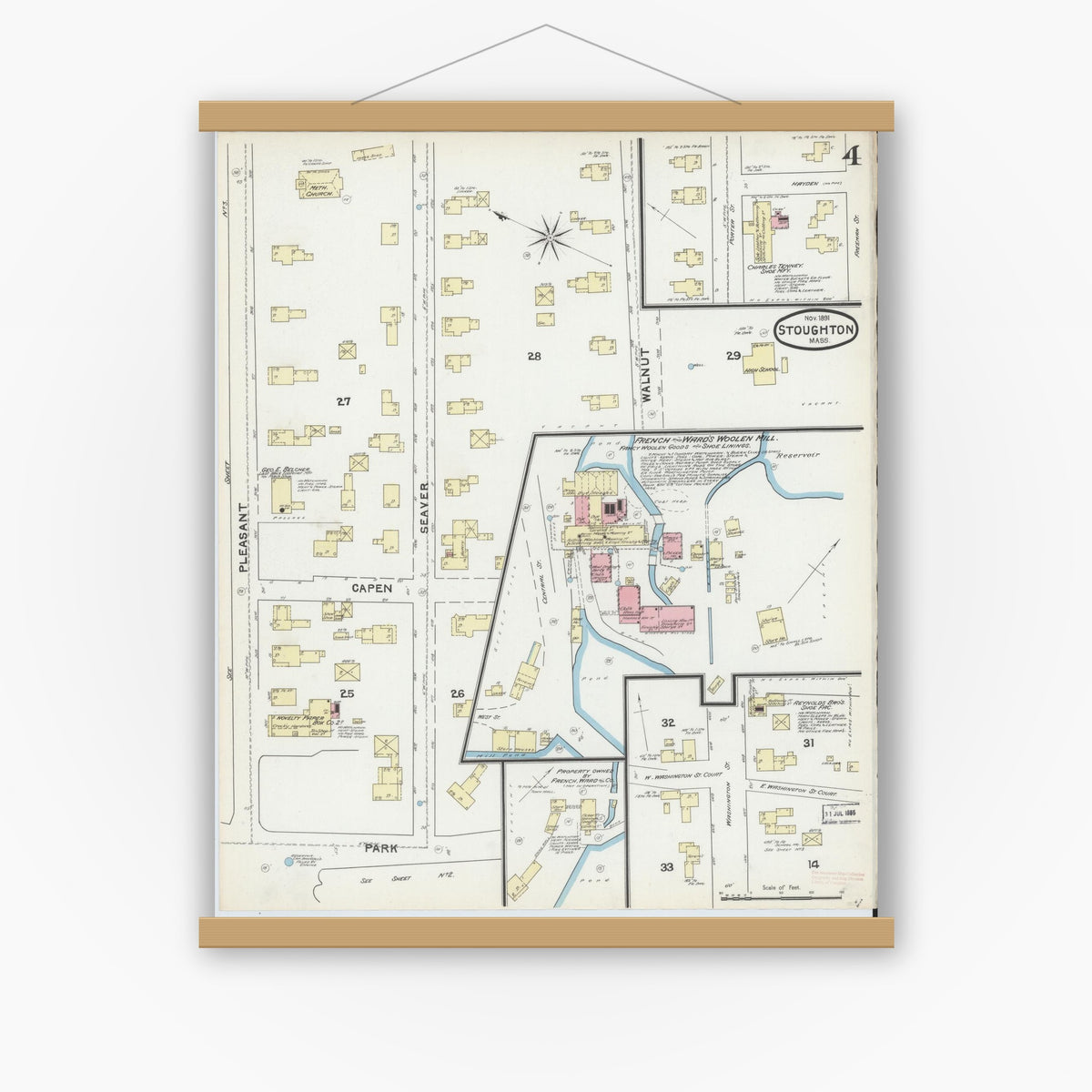 Old map wall art mockup — magnetic wood frame on white wall — Sanborn Fire Insurance Map from Stoughton, Norfolk County, Massachusetts (1891), Sheet #0004